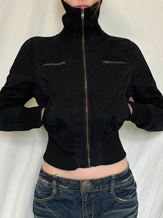 Korean Street Style Black Zip Up Turtleneck Slim Long Sleeve Bomber Jackets for Autumn New Gothic Outwears