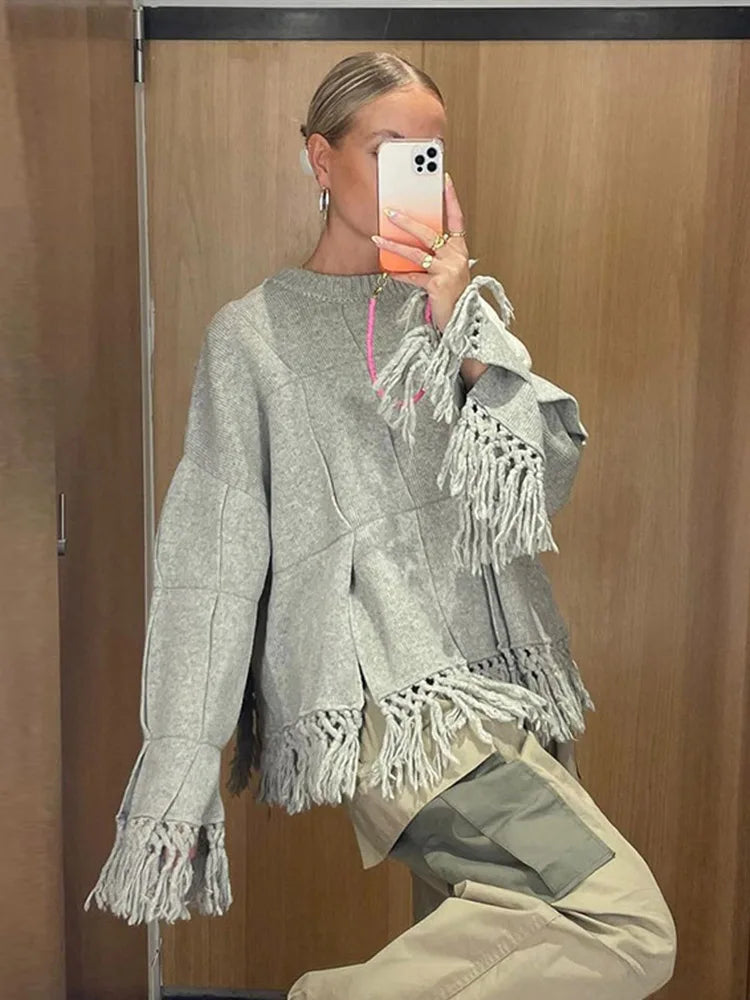 Pleated Tassel Sweaters Loose Knitted Pullover Sweater Female Autumn High Street Tops
