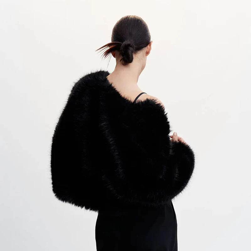 Ins Hot Brand Black Warm Cozy Cropped Faux Fur Coat Winter Street Short Fur Jacket