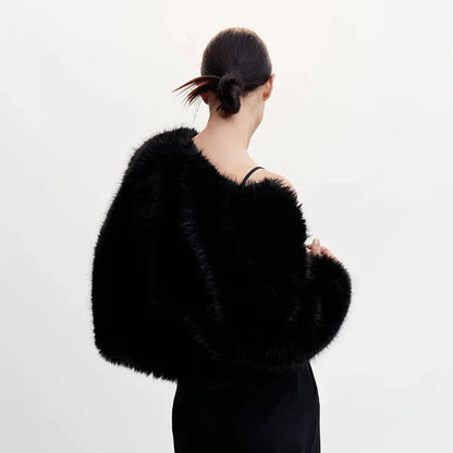 Ins Hot Brand Black Warm Cozy Cropped Faux Fur Coat Winter Street Short Fur Jacket