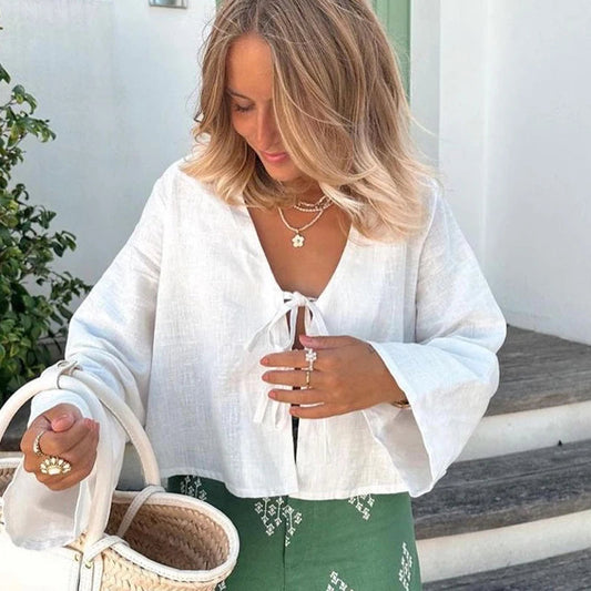 Lace Up Bow Cotton Linen Flare Sleeve Blouse