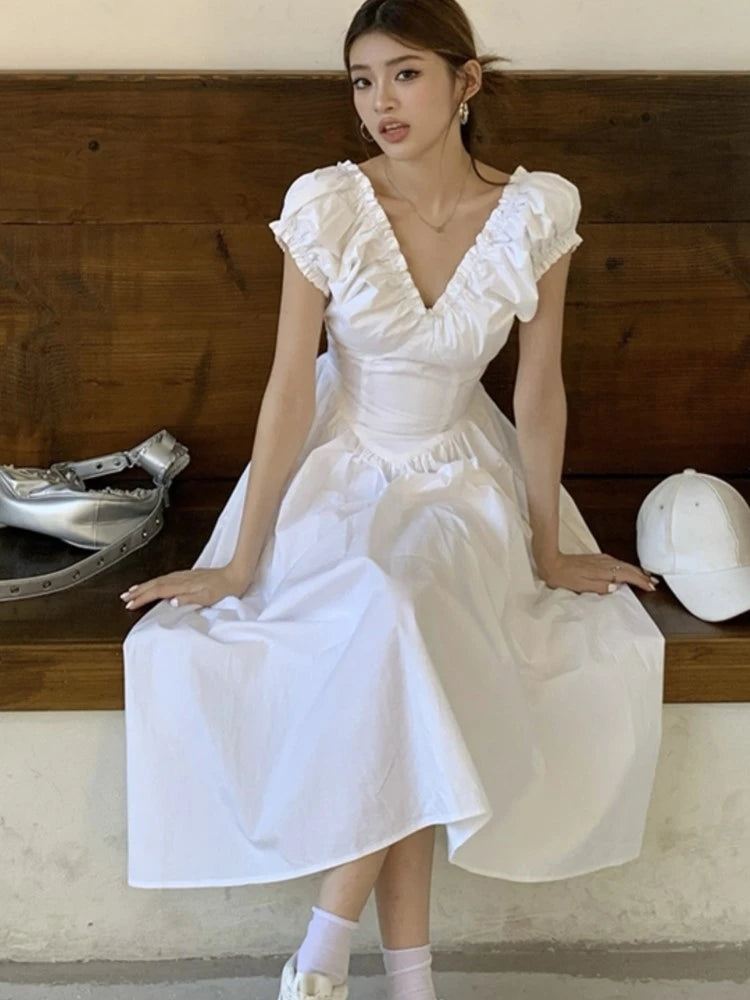 Midi Dresses for Korean V-neck Backless High Waist Puff Sleeve A-line Party Dress Summer Vestidos Mujer