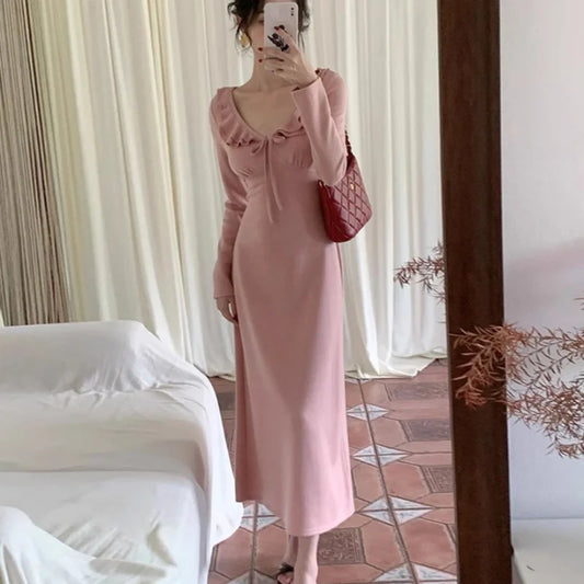 Dress Y2k Clothes Color Ruffle Tie Up V Neck Long Sleeve Bodycon Long Dresses Party Dresses