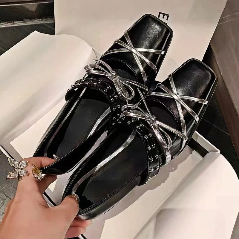 Rivet Platform Mary Jane Shoes Square Toe Pumps Winter New Cross Strap Bow Chunky Designer Shoes