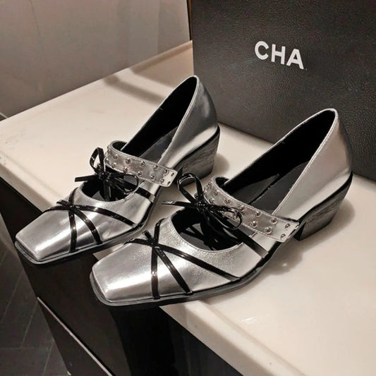 Rivet Platform Mary Jane Shoes Square Toe Pumps Winter New Cross Strap Bow Chunky Designer Shoes