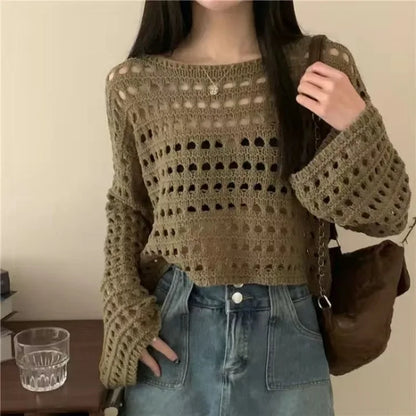 Hollow Out T-shirt Knit Sweater Loose Y2k T-shirt Crewneck Thin Sweater Autumn Pullovers