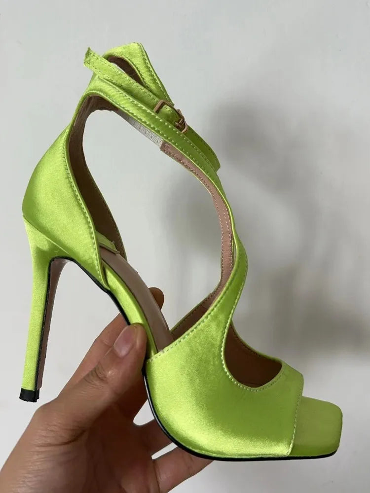Highquality Hollow Slim High Heel Fish Mouth Sandals, Silk Buckle Strap Runway Shoes