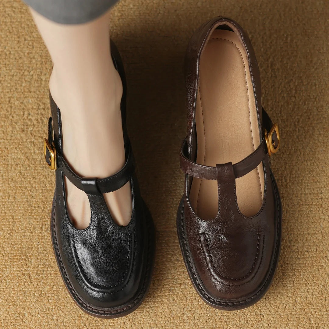 Sheepskin Chunky Heel Round Toe Tstrap Slipon Pumps British Style Retro Female Med Heeled Shoes for Autumn