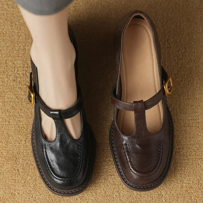 Sheepskin Chunky Heel Round Toe Tstrap Slipon Pumps British Style Retro Female Med Heeled Shoes for Autumn