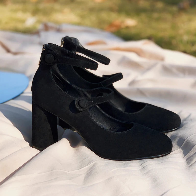 New Black Suede Mary Janes Shoes Chunky Heel High Heels Round Toe Pumps Party Dress Shoes Zapatos De Mujer