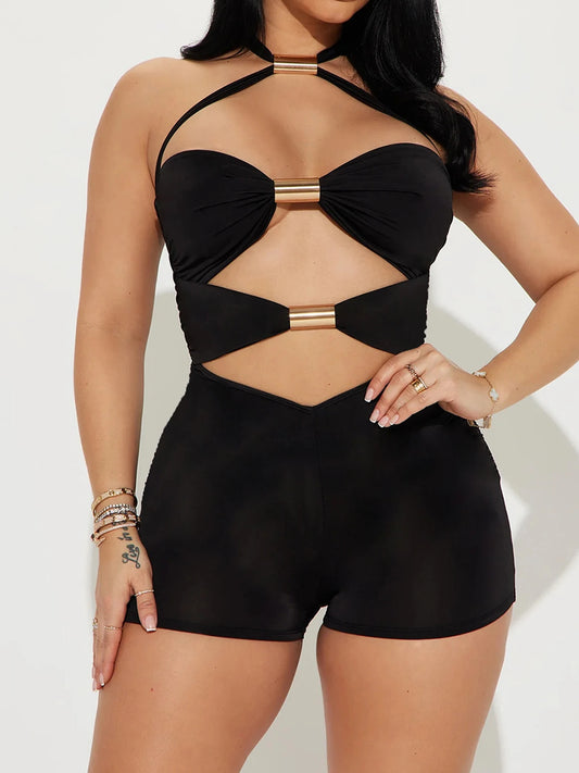 Hollow Out Skinny Tie Halter Rompers Sleeveless Rave Summer Vacation Baddie Playsuits