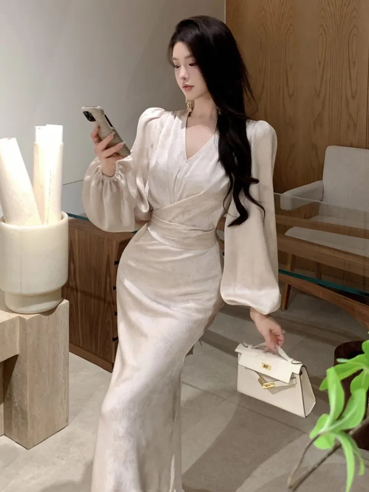 Bodycon Printed Midi Dresses for V-neck Lantern Sleeve Slim Waist Mermaid Evening Party Dress Autumn New Vestidos