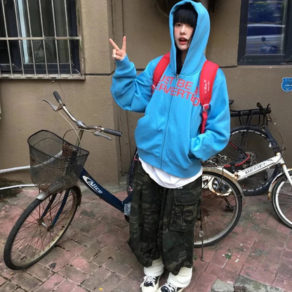 Y2k Letter Print Hoodies Sweatshirt Korean Cotton Zipper Loose Jacket New Harajuku Tops