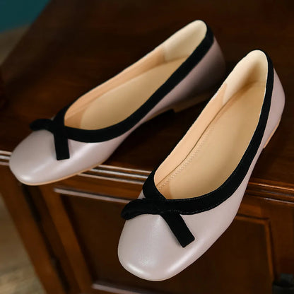 Genuine Leather Bordered Slipon Ballet Flats Square Toe Sweet Bowtie Korean Style Female Ballerians Soft Shoes