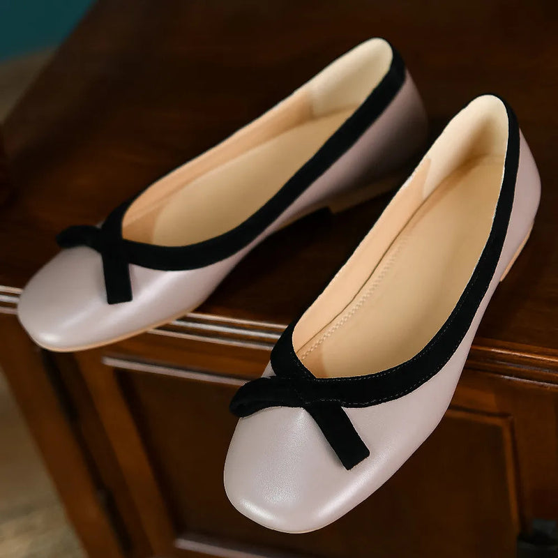 Genuine Leather Bordered Slipon Ballet Flats Square Toe Sweet Bowtie Korean Style Female Ballerians Soft Shoes