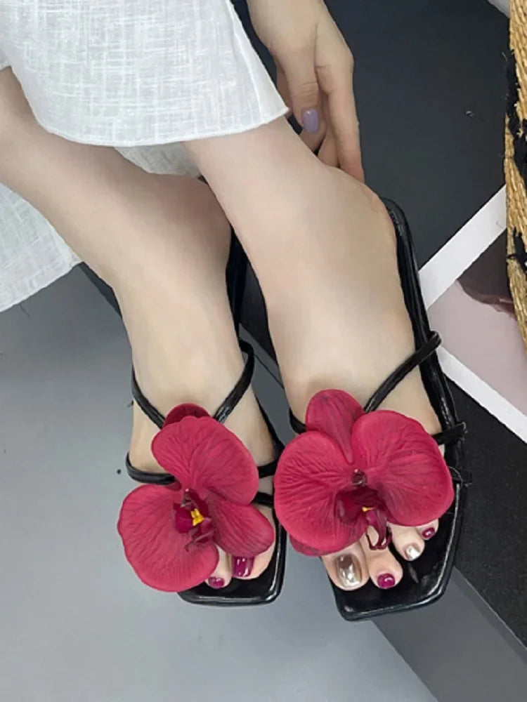 Summer Flower Narrown Band Low Heels Slippers Square Toe Beach Shoes Size 3543