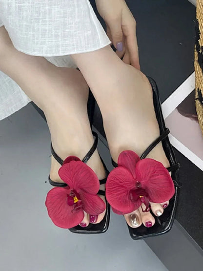 Summer Flower Narrown Band Low Heels Slippers Square Toe Beach Shoes Size 3543