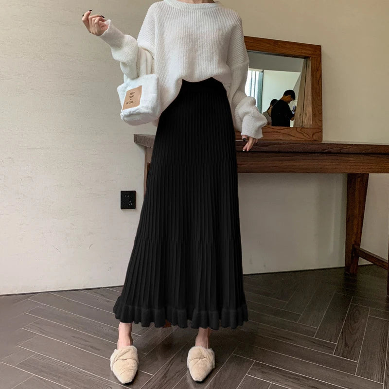 High Waist Ruffled Pleated Skirts Autumn Long Skirt Loose Pleated Ribbed Maxi Skirt