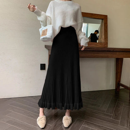 High Waist Ruffled Pleated Skirts Autumn Long Skirt Loose Pleated Ribbed Maxi Skirt