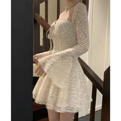 Lace Mini Dresses for Flare Sleeve Square Collar Corset Slim A-line Wedding Birthday Party Dress Y2k Prom Vestidos