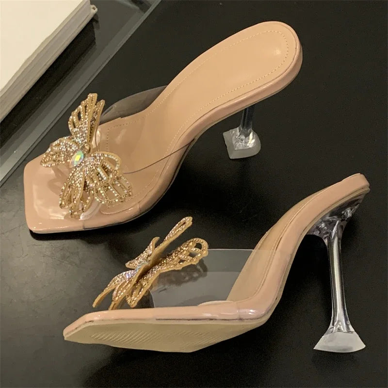 Summer Pvc Transparent Butterflyknot Square Toe Woman Slippers Crystal Heels Slide Shoes
