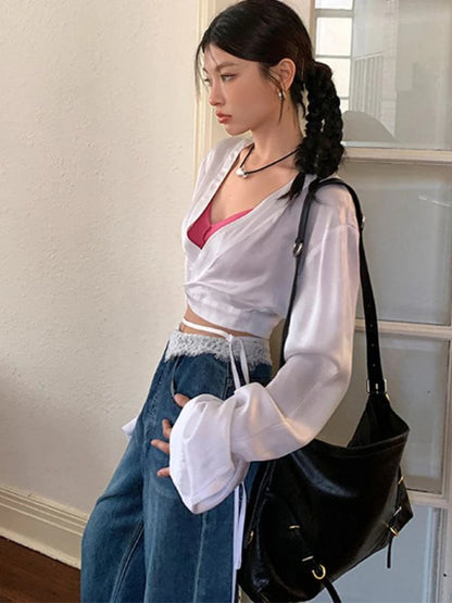 Y2k Stain Acetate Cropped Blouse for Long Sleeve Vneck Shirt With Laceup Korean Tops