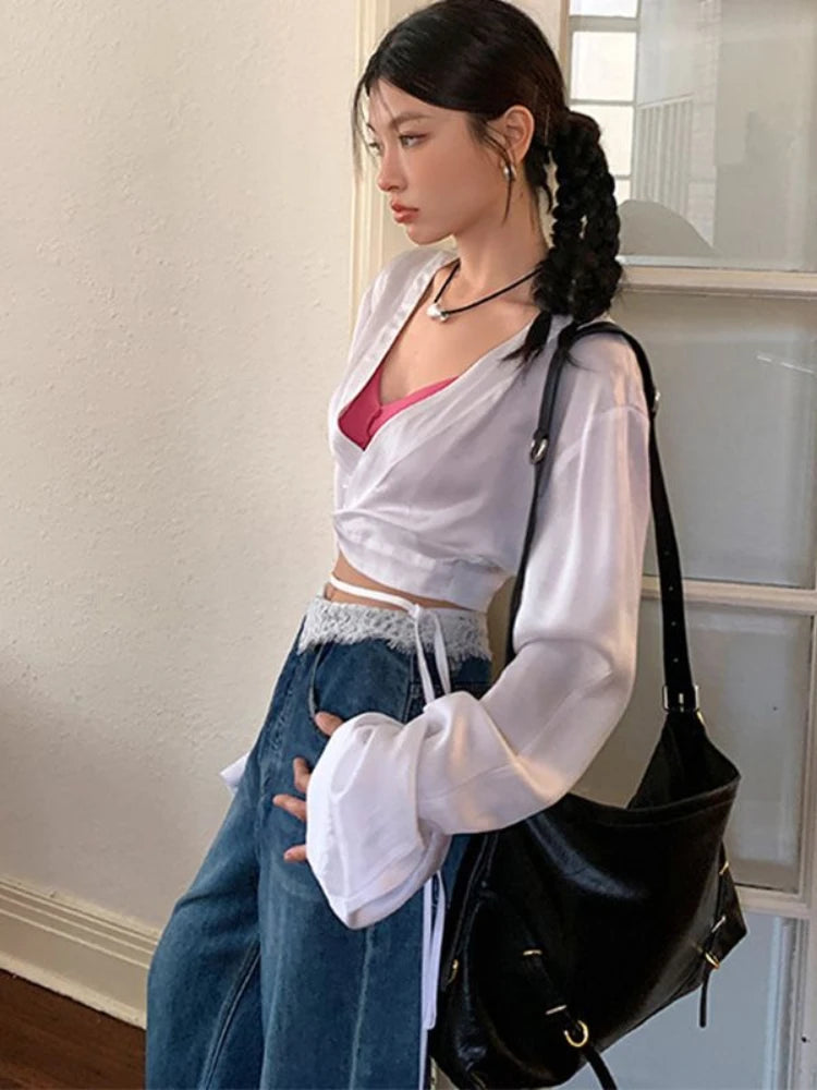 Y2k Stain Acetate Cropped Blouse for Long Sleeve Vneck Shirt With Laceup Korean Tops