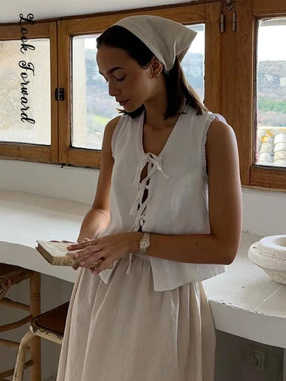 Lace Up Sleeveless Crop Tops Bandage Slim Hollow Out Tank Blouses Summer Lady Beach Holiday Vest