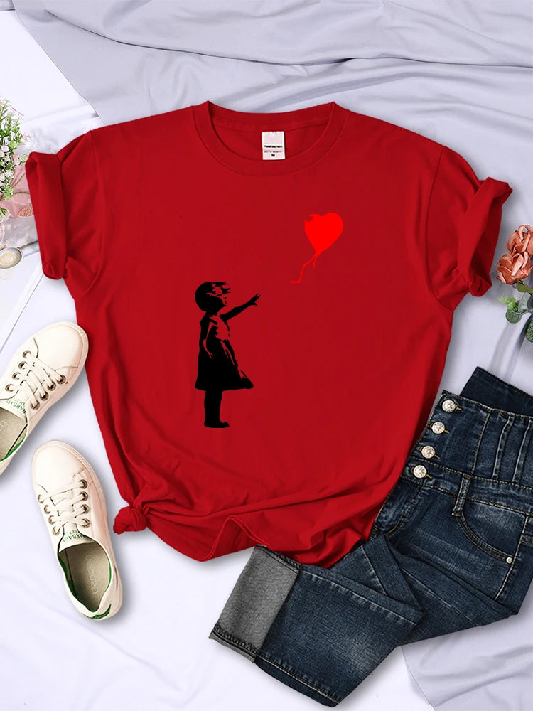 Let’s Fly Love Balloons Prints T-shirt Soft Breathable Short Sleeve Street Hip Hop Trend Tops Female Tee Clothing