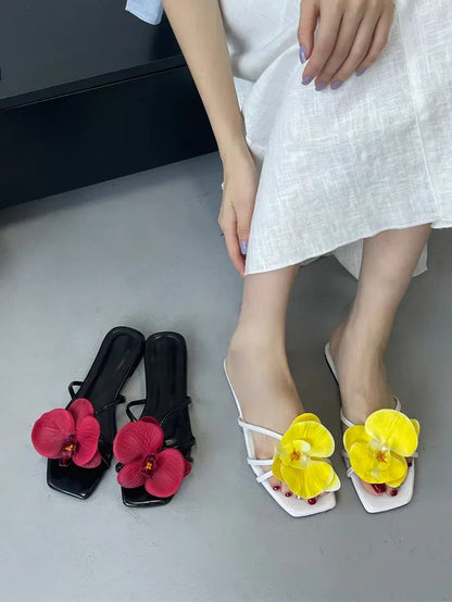 Summer Flower Narrown Band Low Heels Slippers Square Toe Beach Shoes Size 3543