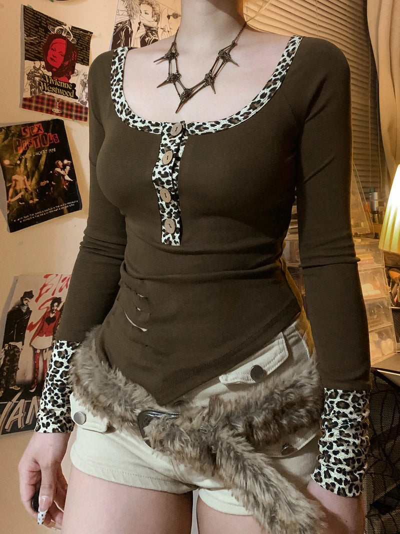 Y2k Retro Irregular ��s Tops Long Sleeve Patchwork Leopard Square Collar Button Ripped T-shirts