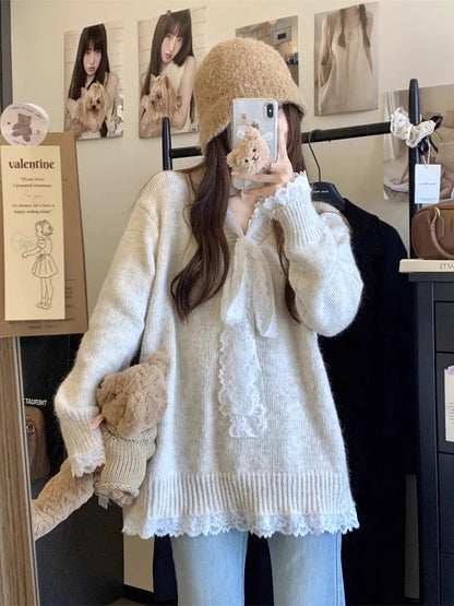 Lace Patchwork Ribbed Sweater for Cutecore Bow Vneck Knitted Pullovers Winter Warm Fairy Grunge Gray Clothes