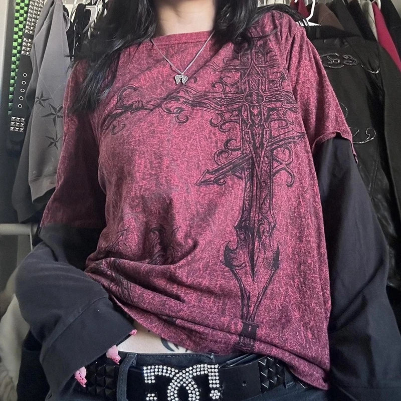 Y2k Grunge Emo T-shirt 2000s Cross Cyber Goth Patchwork Long Sleeve Tees E-girl Gothic Harajuku Loose Tops