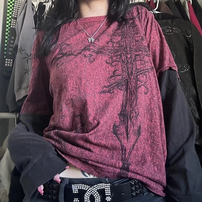 Y2k Grunge Emo T-shirt 2000s Cross Cyber Goth Patchwork Long Sleeve Tees E-girl Gothic Harajuku Loose Tops