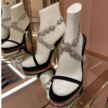 Rhinestone Thin High Heels Crosstied Glittering Designer Heeled Sandals Evening Party Shoes for