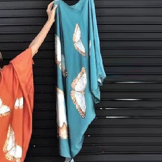Color Butterfly Print One Shoulder Sleeve Dresses Off Shoulder Loose Beach Vacation Irregular Long Dress