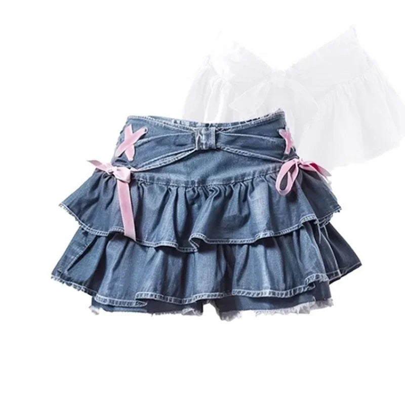 Kawaii Denim Mini Skirt Bow Ruffle Sweet Coquette Skirt Summer Cutecore Blue Aline Retro Short Skirts