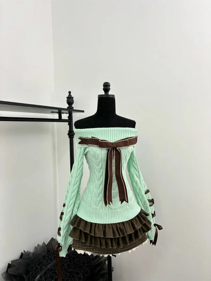 Sweet Hot Girl Retro Suit Autumn and Winter Bow Off Shoulder Sweater Plaid Aline Skirt Twopiece Set Female Clothes
