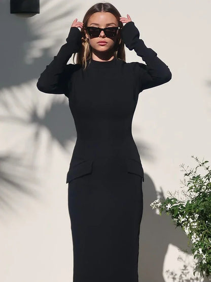 Half Turtleneck Long Sleeves Maxi Dress Office Lady Clothing Back Slit Gown Dress Female Autumn