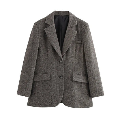 Herringbone Wool Tweed Suit Blazer New Single Breasted Lapel Jacket Autumn Winter Formal Coat Lady Outwears
