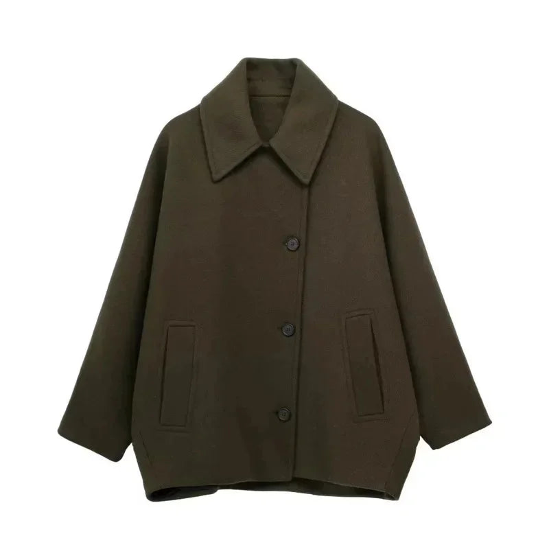 Diagonal Breasted Warm Loose Jacket Lapel Double Pocket Batwing Sleeve Coats Winter Female Outwear