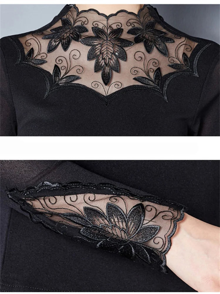 Hollow Out Spring Autumn Style Lace Blouses Shirts Long Sleeve Patchwork Spliced Turtleneck Blusas Tops Df1491