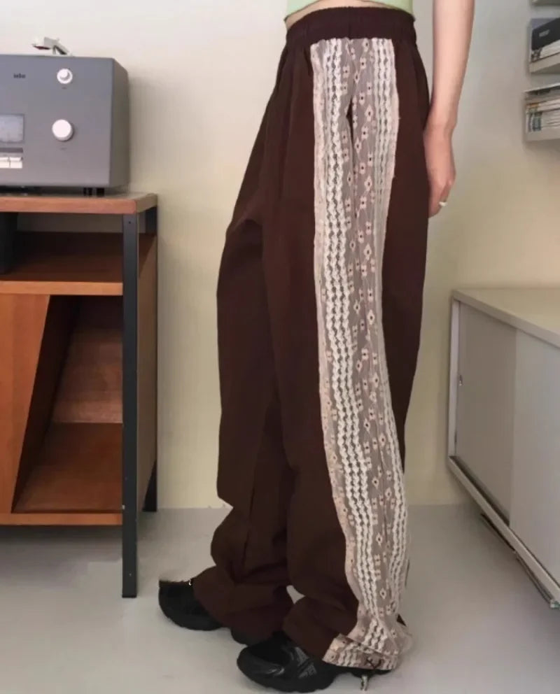 Summer New Loose Y2k Egirl High Waist Straight Trousers Lace Patchwork Nylon Wide Leg Pants 2000s