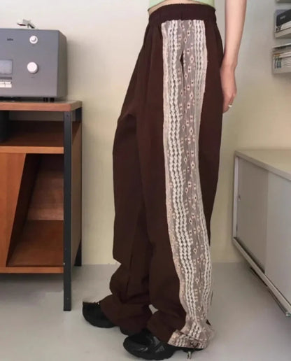 Summer New Loose Y2k Egirl High Waist Straight Trousers Lace Patchwork Nylon Wide Leg Pants 2000s
