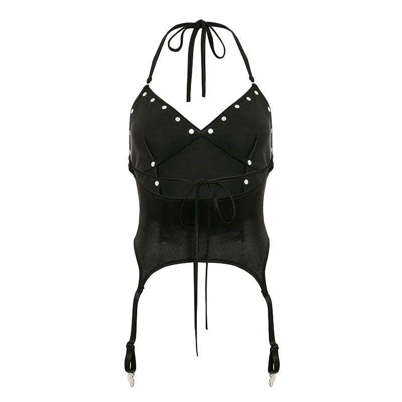Skinny Pu Spliced Satin Rivet Design ��s Camisole Tops Retro Gyaru Darkly Punk Blouses