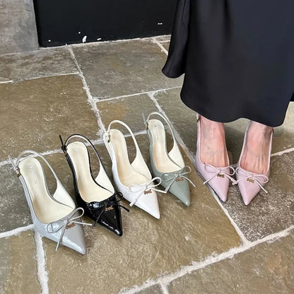 Bow Metal Buckle Design High Heels Pointed Toe Patent Leather Slingback Heeled Sandals Party Shoes