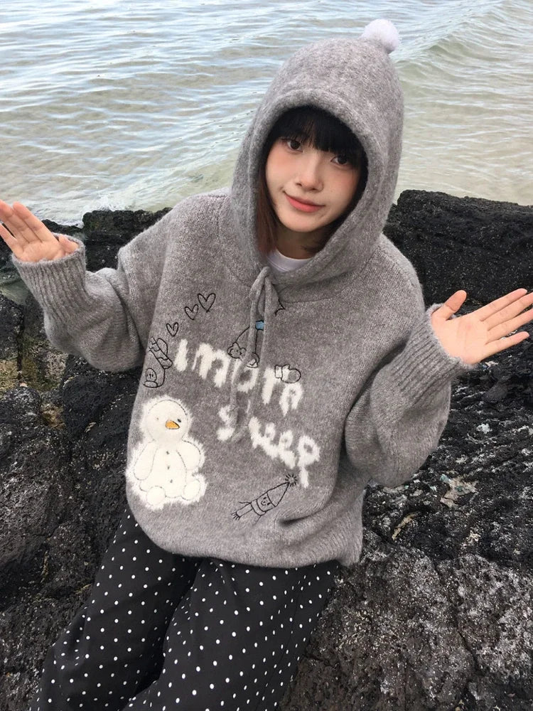 Kawaii Snowman Hooded Sweatshirt Gray Ribbed Hoodies Knitwear Korean Oversize Cutecore Winter Clothes