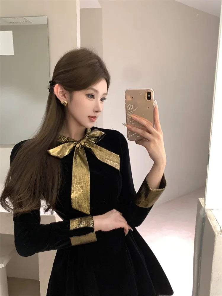 Evening Dresses Bow Velvet Long Sleeve Slim Birthday Party Cocktail Mini Dress