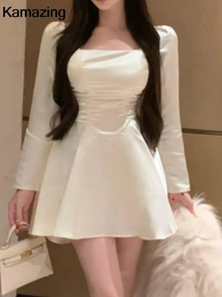Satin Mini Dress Spring Summer Aline Party Evening Clothes Female Long Sleeve Vestidos New
