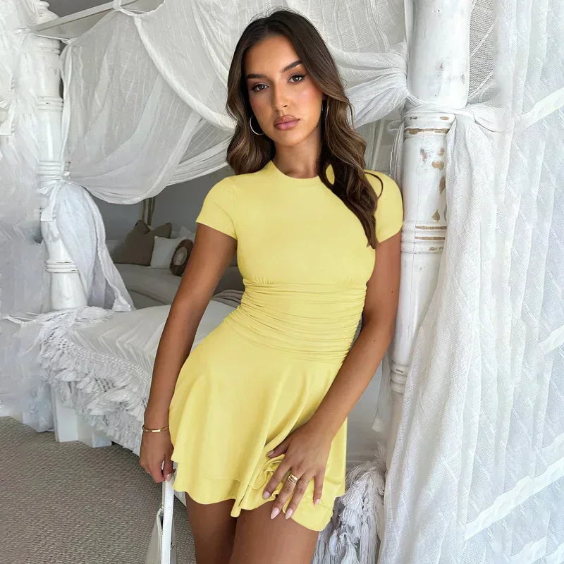 Folds Ruffled Mini Dress for Summer New Color Short Sleeves Female Clubs Party Slim Fit Dress